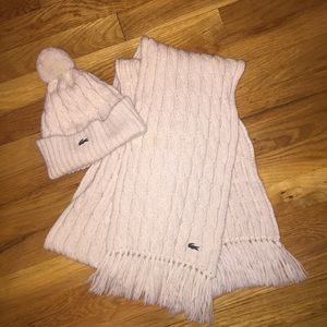 LACOSTE Knit Scarf Hat Set in Cream