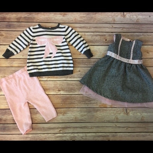 3-6 m Pink Grey Sweater set, herringbone dress