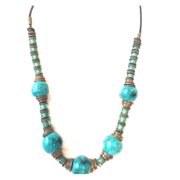 turquoise beaded necklace with black leather chain