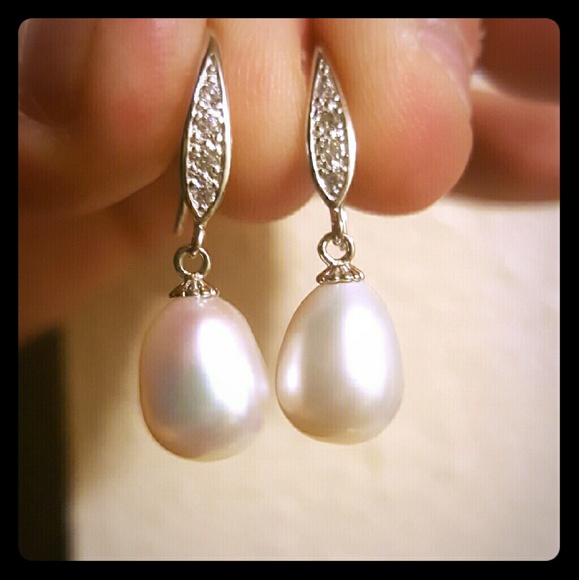 Pearl Dangle Earrings.  Sterling Silver with CZ.