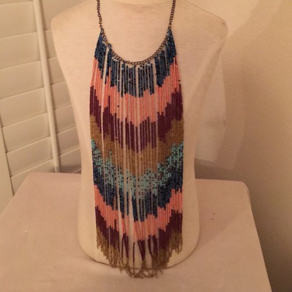 Handmade long drop shawl front beaded necklace