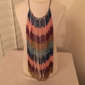 Handmade long drop shawl front beaded necklace