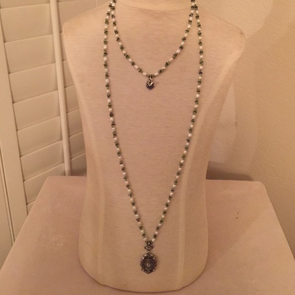 Real peridot pearl and silver lariat necklace - Picture 1 of 4