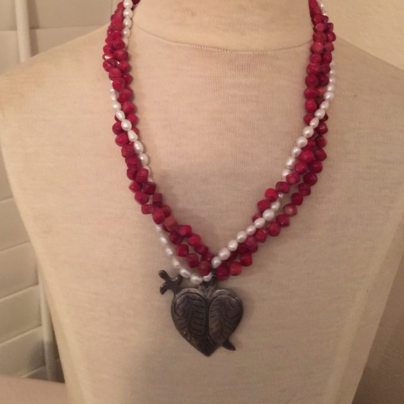Genuine pearl, red coral and silver necklace - Picture 1 of 4