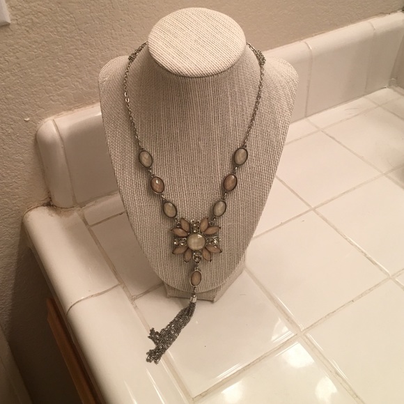 Silver long necklace with cream and rhinestones