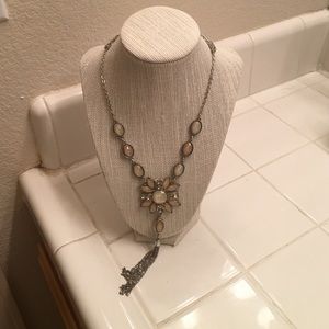Silver long necklace with cream and rhinestones