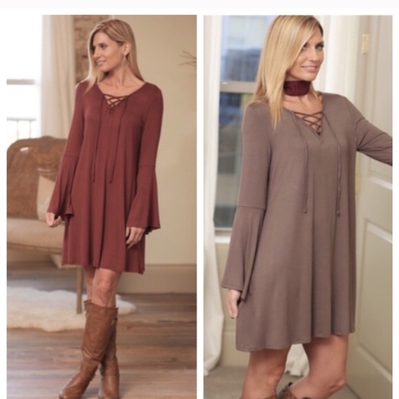 Infinity Raine Dresses & Skirts - 🌿🍁 SOFT LACE-UP DARK TAUPE BELL SLEEVE DRESS