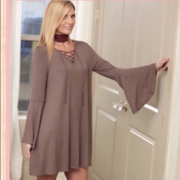 🌿🍁 SOFT LACE-UP DARK TAUPE BELL SLEEVE DRESS - Picture 2 of 4