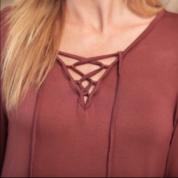 🌿🍁 SOFT LACE-UP DARK TAUPE BELL SLEEVE DRESS - Picture 4 of 4