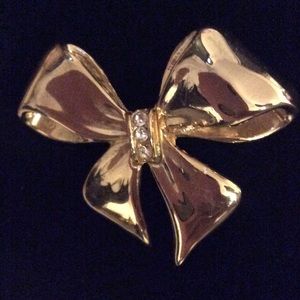 Gold Toned Rhinestoned Bow Broach/Scarf Pin