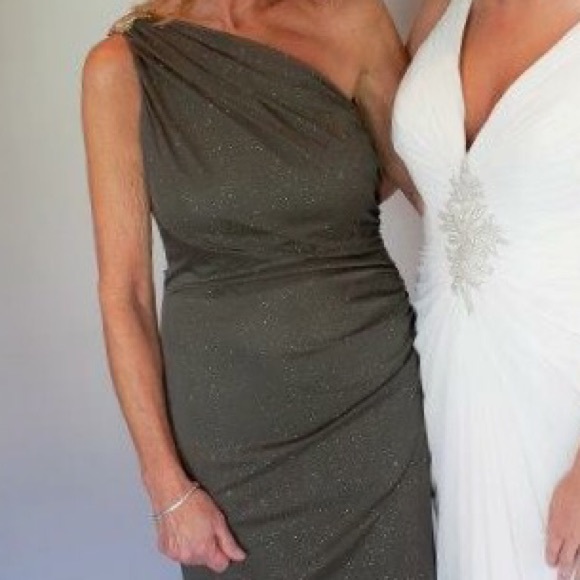 Olive green and gold Betsy & Adam evening dress