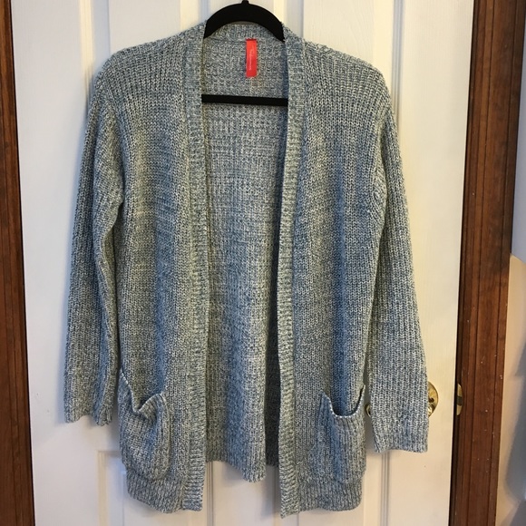 Blue and white cardigan.