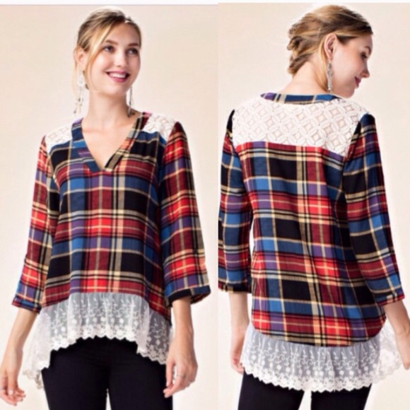 ❣️LAST❣️ Adorable Plaid Lace Bottom High Low Tunic - Picture 2 of 2