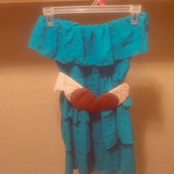 Turquoise strapless mini dress with brown belt