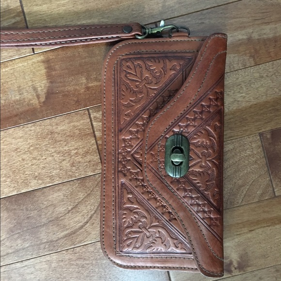 Cognac leather wristlet