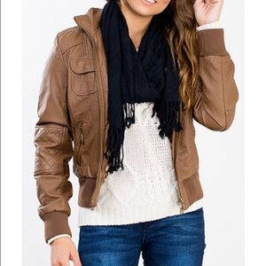 YMI Removable Faux Layered Multi-Pocket Jacket with Fuzzy Hood