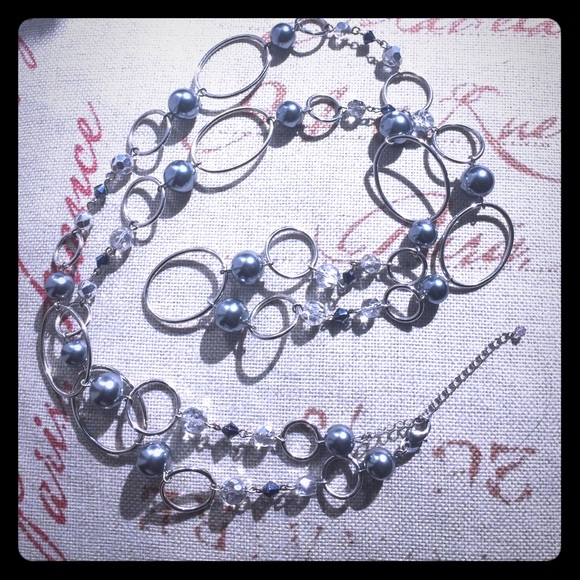 Silver Black Pearl (faux) & Crystal Necklace - Picture 1 of 4