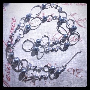 Silver Black Pearl (faux) & Crystal Necklace