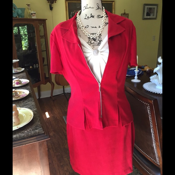 Red Suede Like Jacket and Skirt - Picture 4 of 4