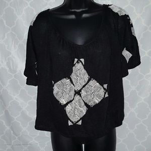 Free People Black Linen Embroidered Blouse