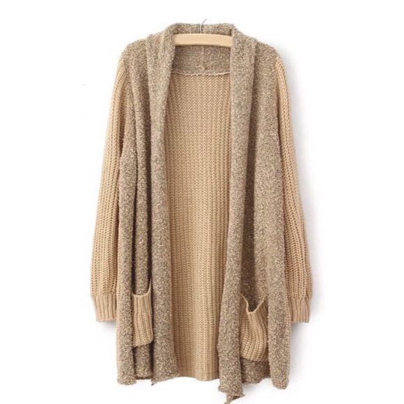 khaki long sleeve pockets loose cardigan sweater