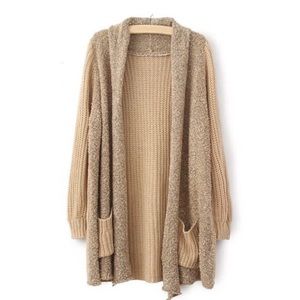khaki long sleeve pockets loose cardigan sweater