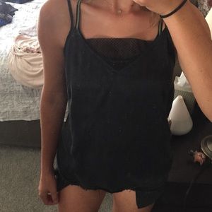 Velvet black tank top with mesh v neck