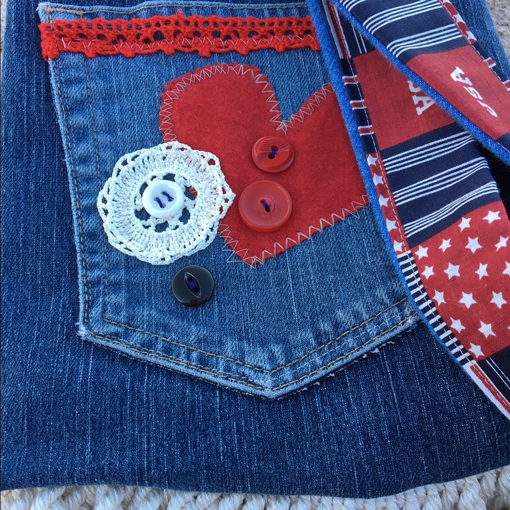 Boutique up cycled fringed denim heart bag