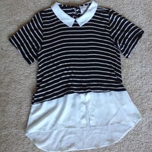 Black White Striped Knit Chiffon Collared Shirt