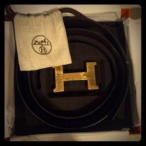 Hermes Chocolate leather belt with Hermes boucle