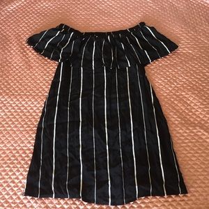 Off the shoulder ruffle b&w pin stripe dress