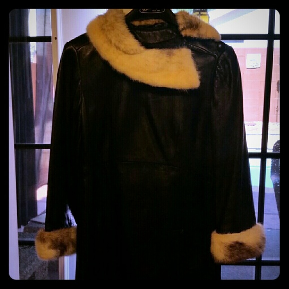 Vintage long leather real fur coat