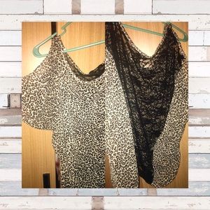 Slit sleeve black lace cheetah print shirt