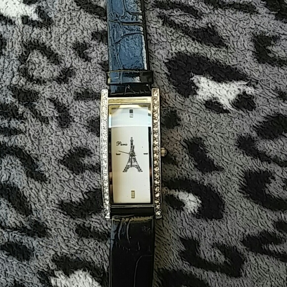 Black eiffel tower rhinestone watch
