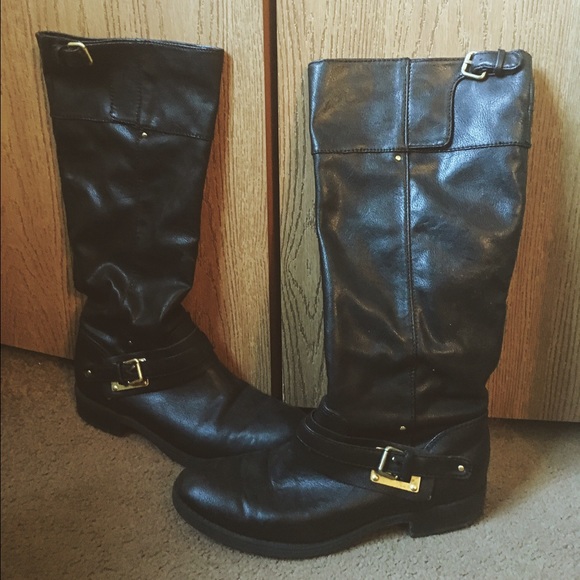 Black mid-calf boots, gold buckles