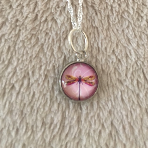 Silver toned braided necklace with pink dragonfly - Picture 2 of 3