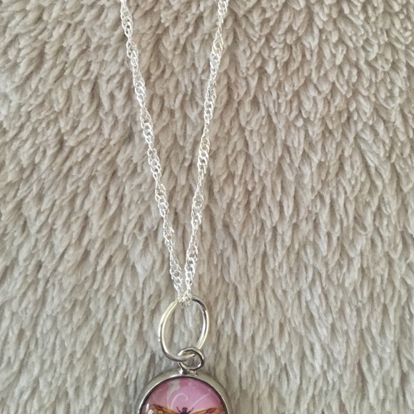 Silver toned braided necklace with pink dragonfly - Picture 3 of 3