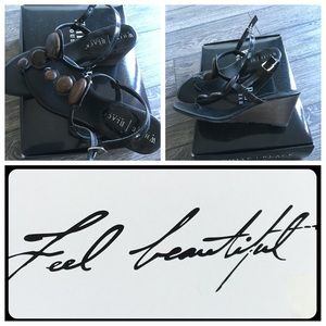 WHBM black low wedge with wood buttons on T-strap.