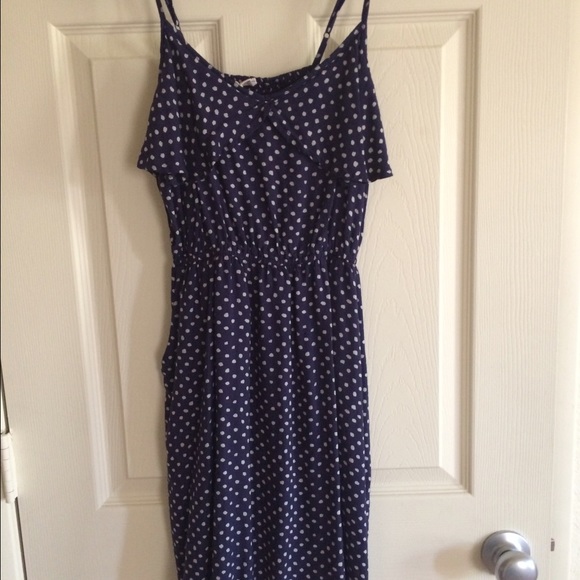 Navy and beige polka dot dress
