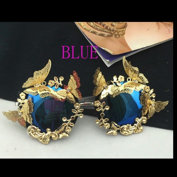 Gold butterfly framed sunglasses with blue lens - Picture 2 of 2