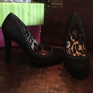Black Jessica Simpson suede heels w/gold studs.