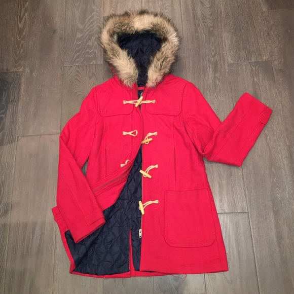 Red peacoat with faux-fur lined hood