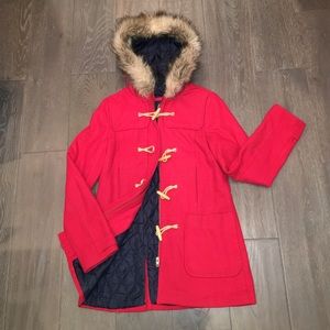Red peacoat with faux-fur lined hood