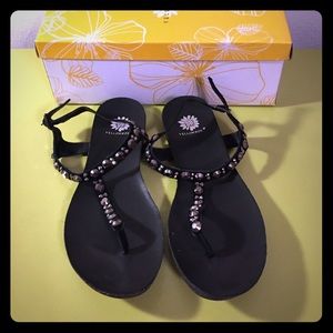Yellow box black sandals!