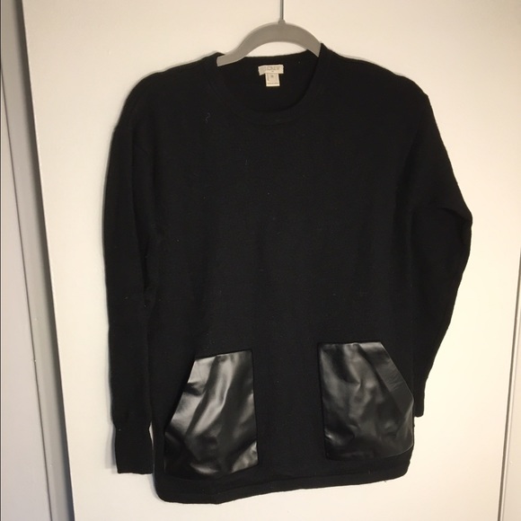 J crew black sweater tunic faux leather pockets