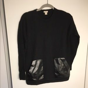 J crew black sweater tunic faux leather pockets