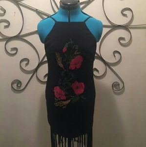 Embroidered Fringe-Hem Sheath Dress
