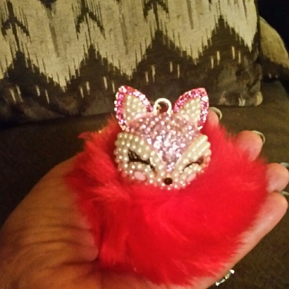 Cute Fox Fur Pearl Ball Rhinestone Key Chain Ring