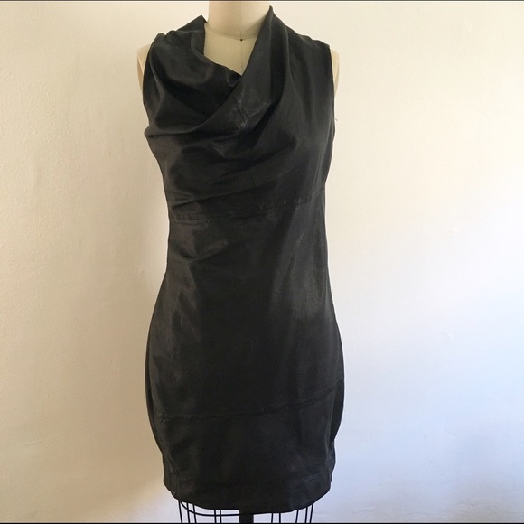 AllSaints Draped Black Leather Asymmetrical Dress