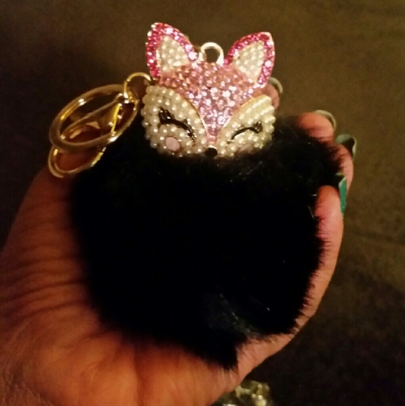 Cute Fox Fur Pearl Ball Rhinestone Key Chain Ring
